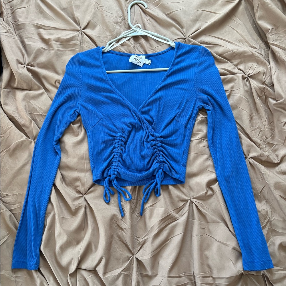 Blue Ruched Long Sleeve Top